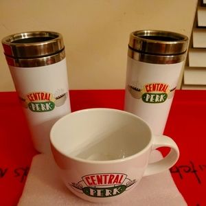 Friends, 2 150z travel mugs and one large 20oz coffee cup